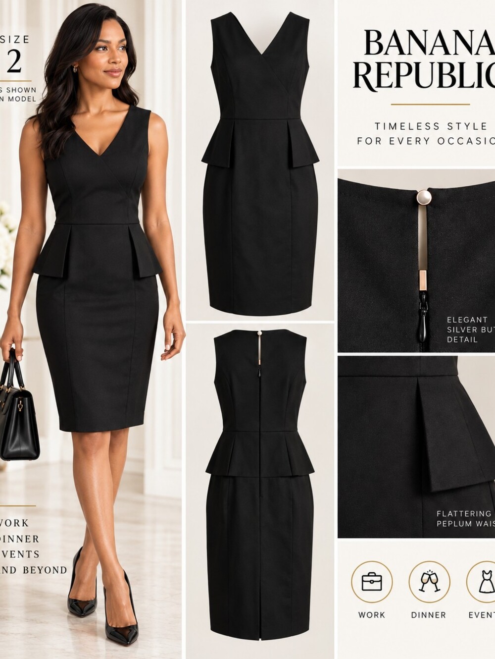 Banana Republic Black Peplum Sheath Dress Size 2 Career Cocktail